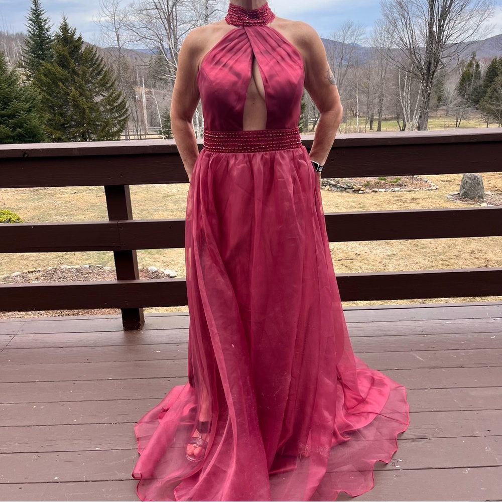 Elegant Halter Neck Red Evening Gown